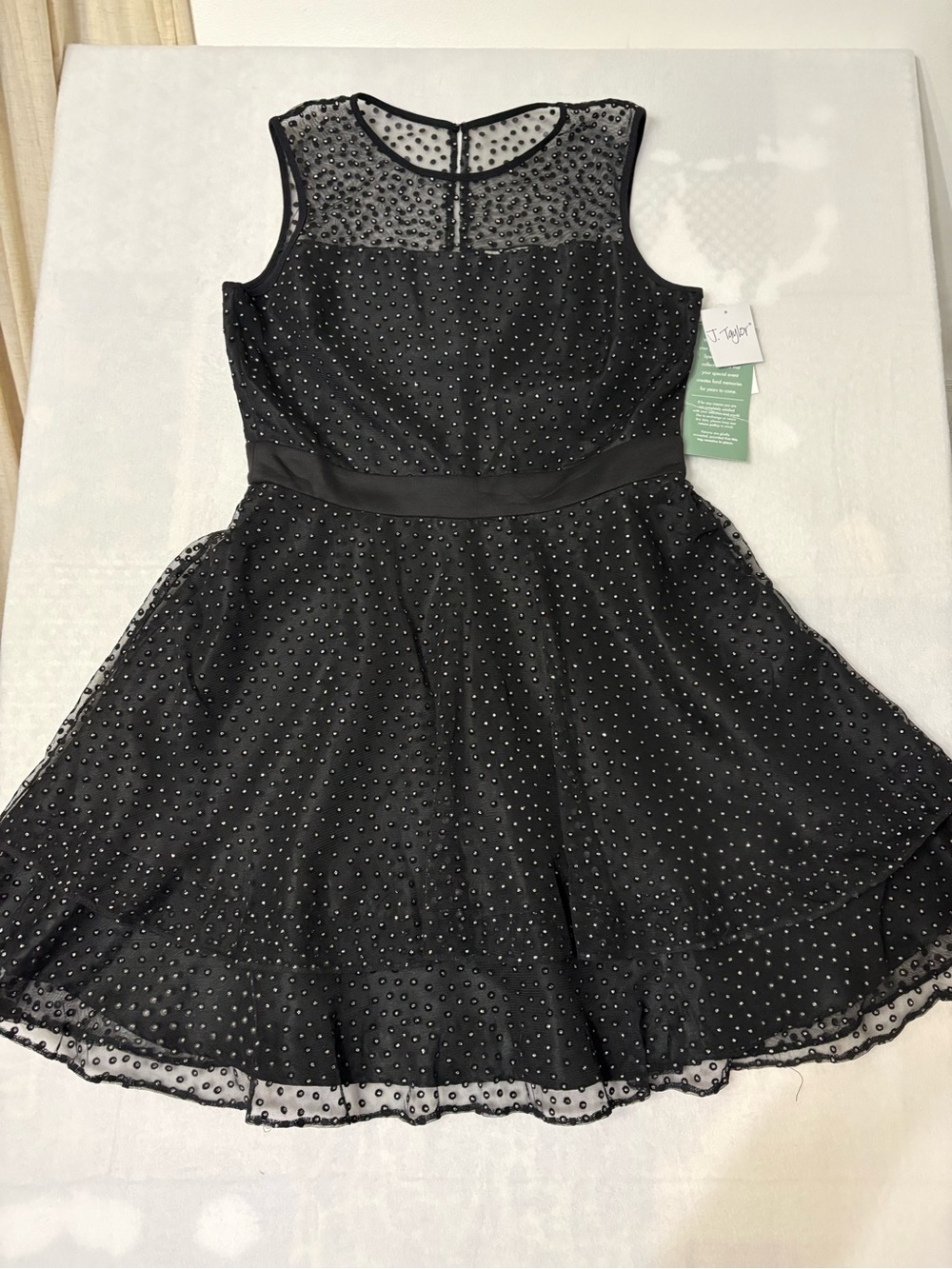 J Taylor Dress Women 14 Black Tiered POLKA DOT Rhinestone Sheer Zip Dress NWT